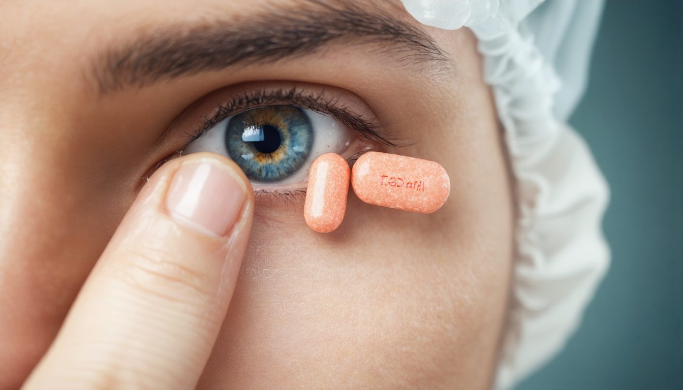 Pharmaceutical tablets of tadalafil with a glass of water and medical information leaflet